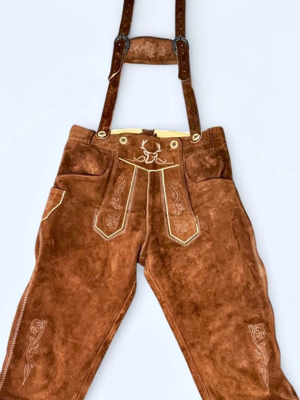 Bavaria Trachten Kneebound Dark Brown Embroidered Lederhosen in Brown Waist 28